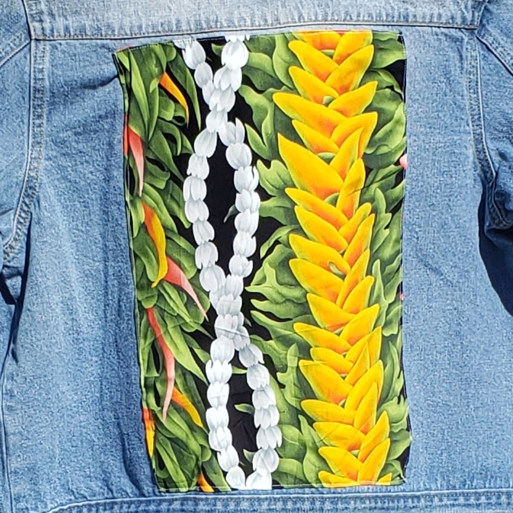 Upcycled denim jacket, Hawaiian lei, boho aloha